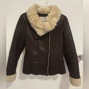 Women's Sherpa Chocolate Brown Faux Leather Jacket size XS
